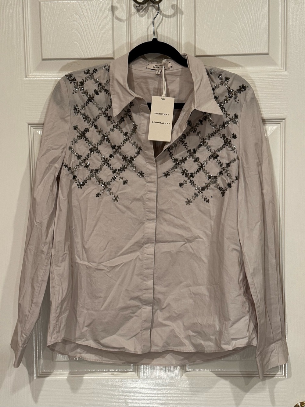 Pale Gray Button Down with Exquisite Bead Embellishment